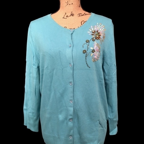 CASUAL CORNER Cardigan, Button front, Beaded/Jeweled/Sequined, Size L - Picture 1 of 11